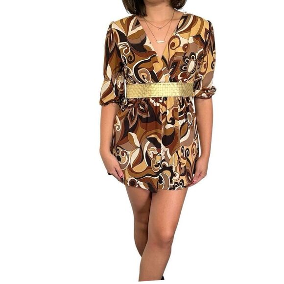 Pretty‎ Girl Women's Boho Brown Floral Mini Dress Sz M - Picture 1 of 5